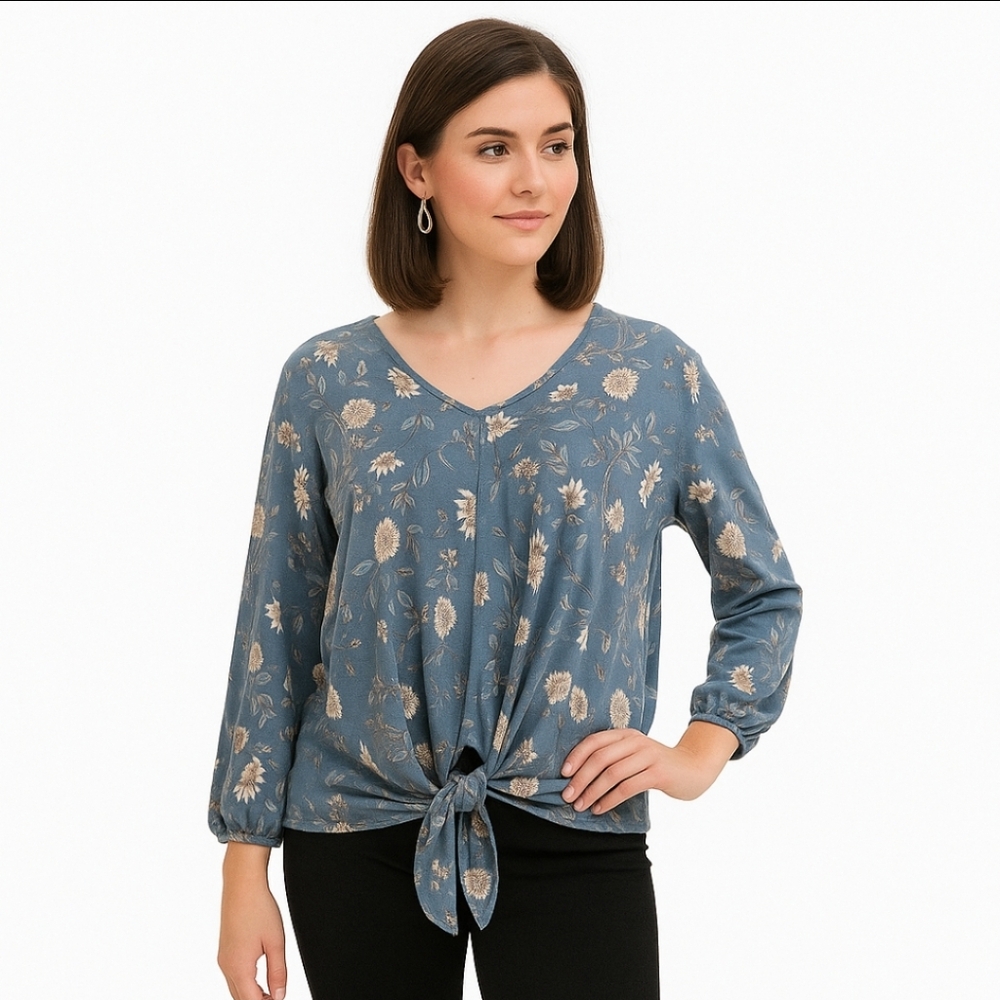W5 Blue Gray Floral Twist Tie Pullover Top Sz XL